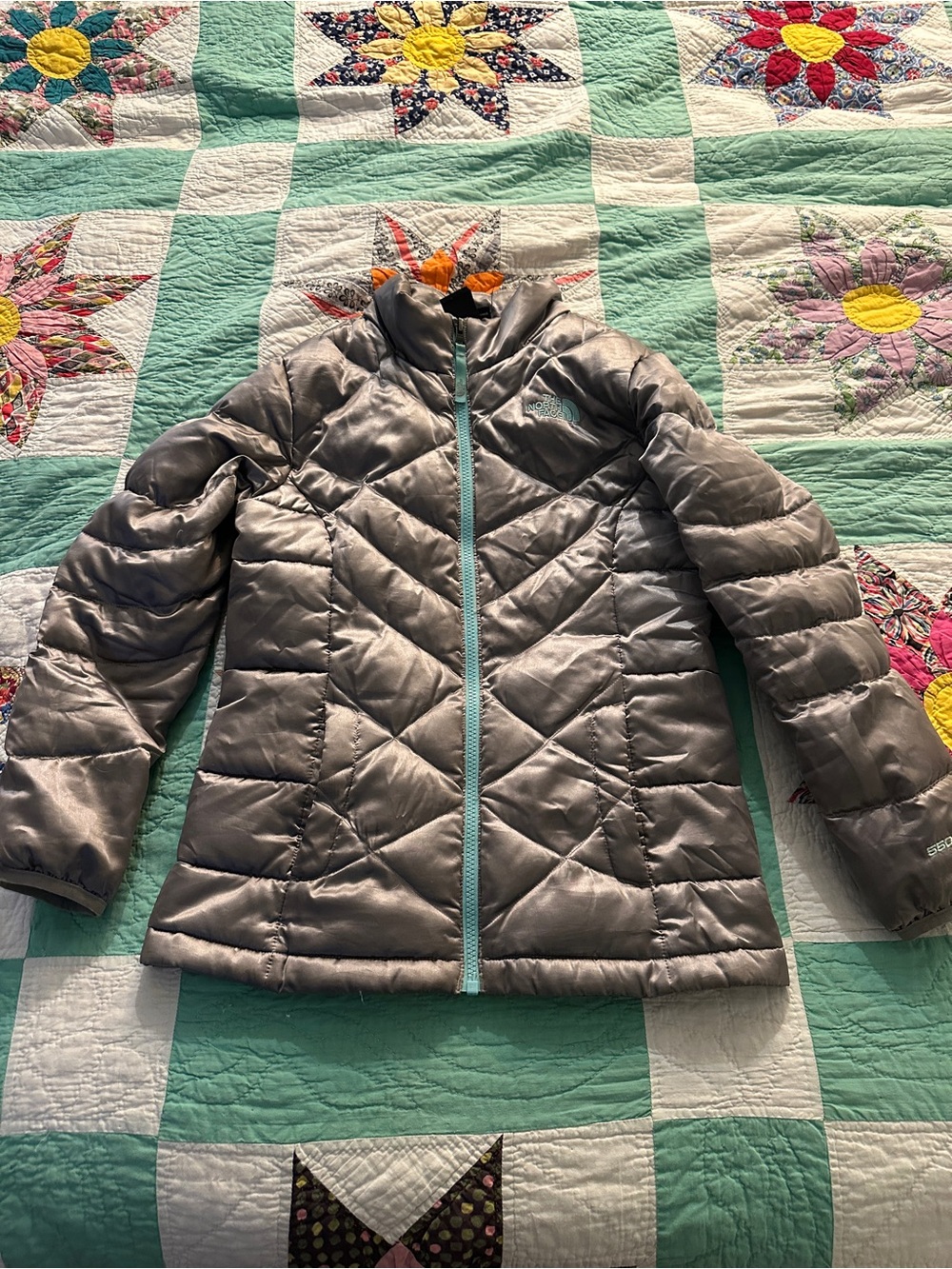 The North Face Girls' Silver Puffer Jacket with Teal Zipper M 10/12